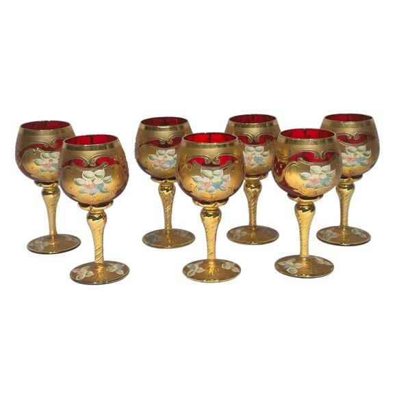 Tre Fuochi Murano Ruby Red Hand Painted Enamel 24KT Gold Overlay Stemware Set-7 - Picture 5 of 10